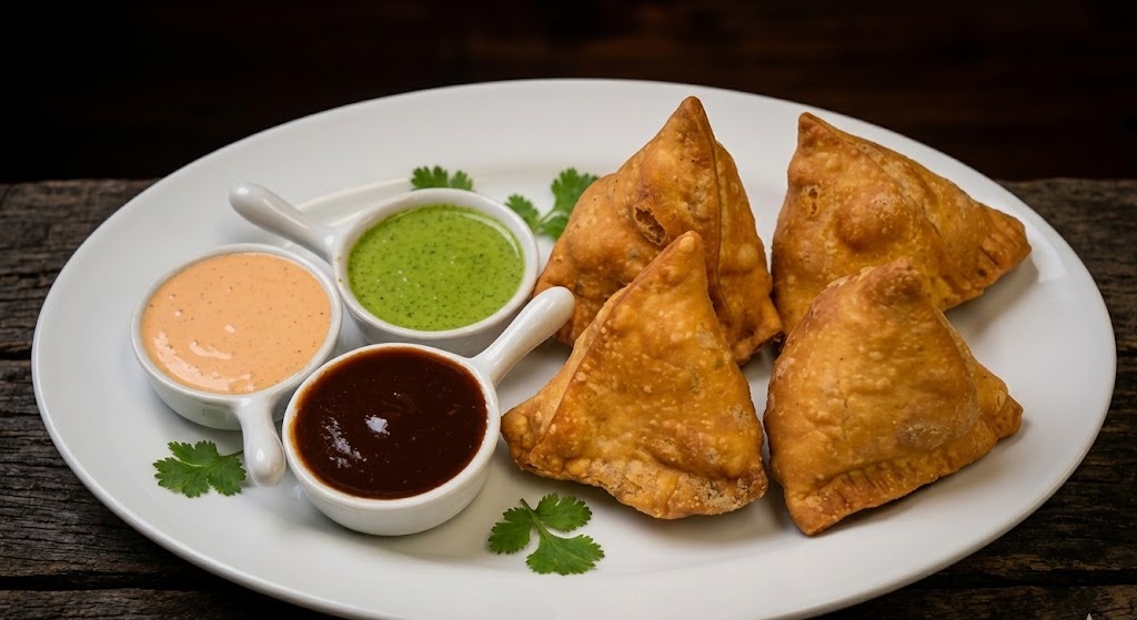 Vegetable Samosa at The Social Kabob Okotoks - crispy pastry filled with spiced potatoes and peas